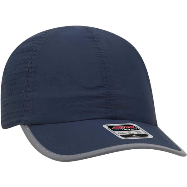 A reflective six-panel running hat in navy blue with grey accents and a small logo. Features perforated detailing.