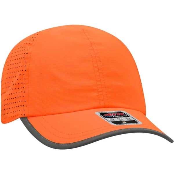 A reflective six-panel running hat in bright orange, featuring ventilation holes and a grey trim.