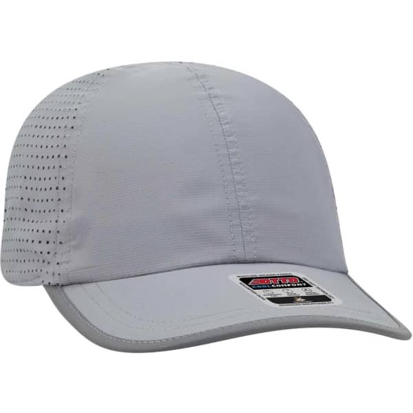 A reflective grey six-panel running hat with ventilation holes and a branding label on the front.