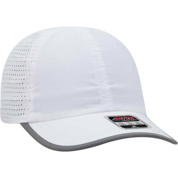 A reflective white six-panel running hat with a grey brim and a logo on the front.