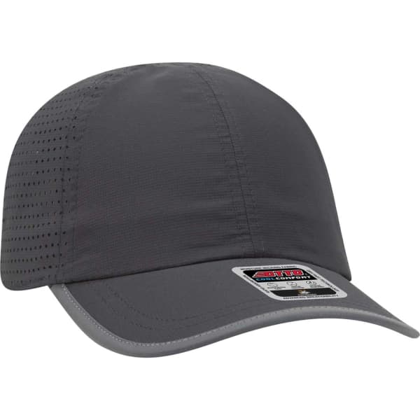 A grey reflective six-panel running hat with a curved brim and perforated side panels, featuring a logo.
