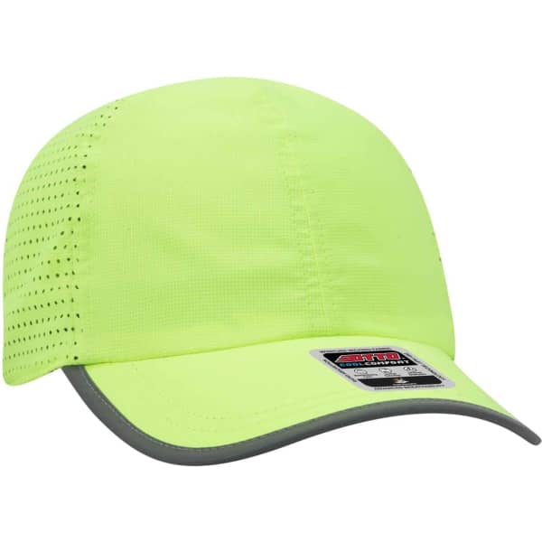 A reflective, bright yellow six-panel running hat with a grey peak and ventilation holes on the sides.