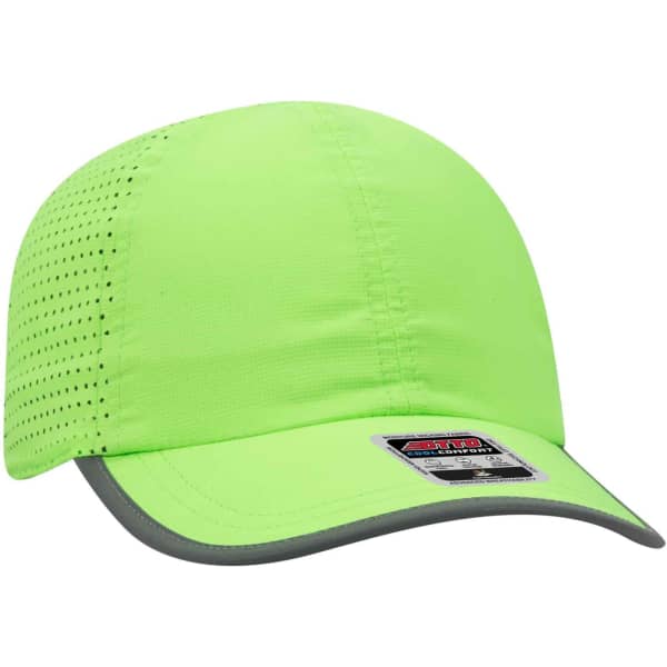 A bright green reflective six-panel running hat with mesh detailing and a curved brim. It features branding on a label.