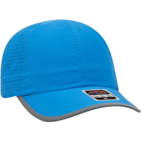 A blue reflective six-panel running hat with ventilation holes and a grey brim, featuring a logo.