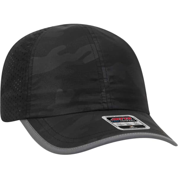 A reflective six-panel running hat in black with a camouflage pattern and a logo on the side.