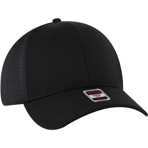 A black stretchable trucker hat with a low profile and double mesh back, featuring a logo.