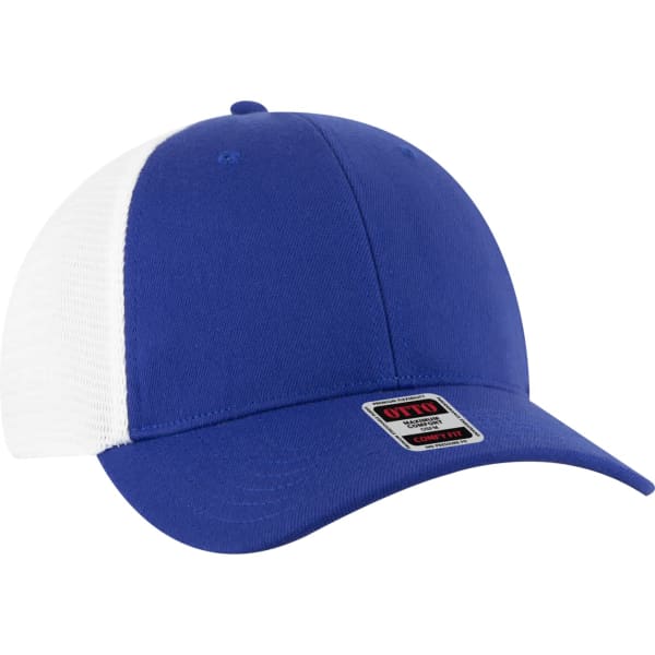 A stretchable trucker hat featuring a blue front and white mesh back, with a logo on the side.