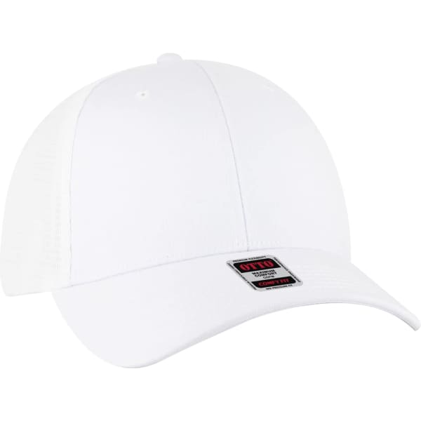A white stretchable double mesh back trucker hat featuring a logo on the front.