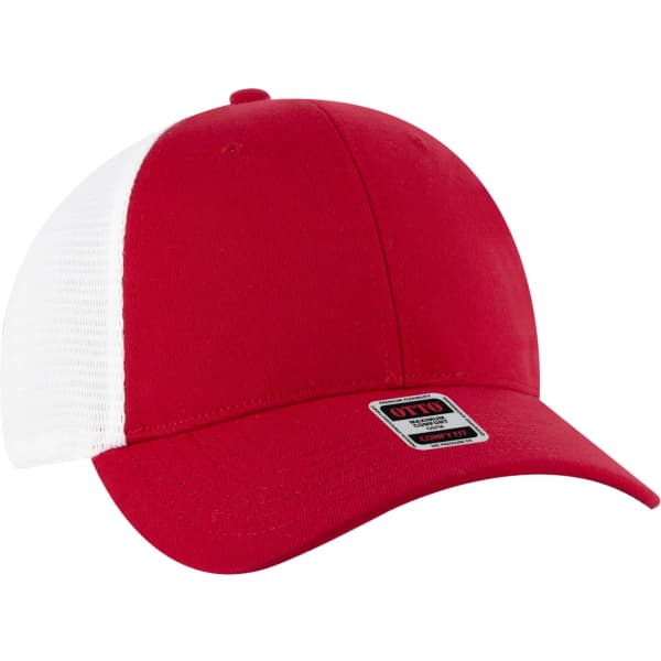 A red and white stretchable trucker hat with a mesh back and a logo on the front.