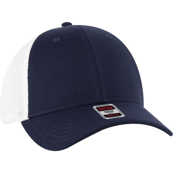 A navy blue trucker hat with a white mesh back and a branding logo on the front.