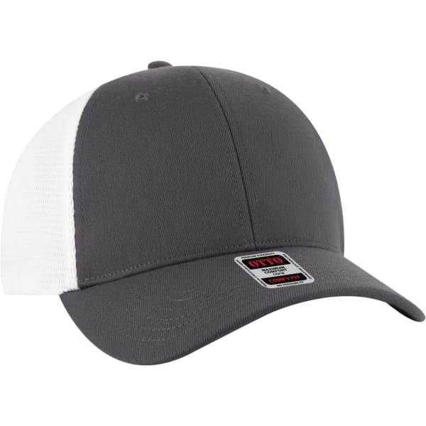 A grey and white stretchable trucker hat featuring a mesh back and a logo on the front.
