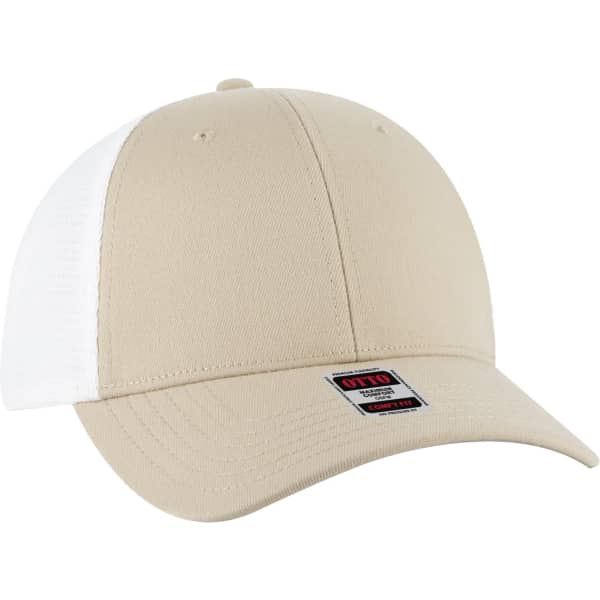 A beige and white stretchable double mesh back trucker hat with a branded logo on the front.