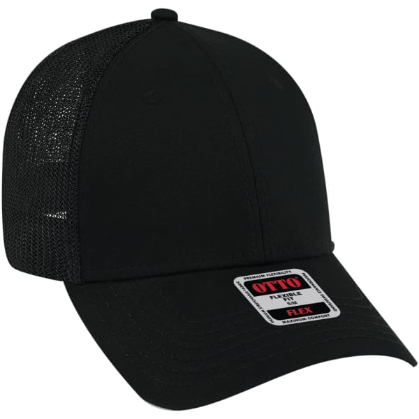 A black Otto Flex 6 Panel Trucker Hat with a mesh back and a branded tag on the front.