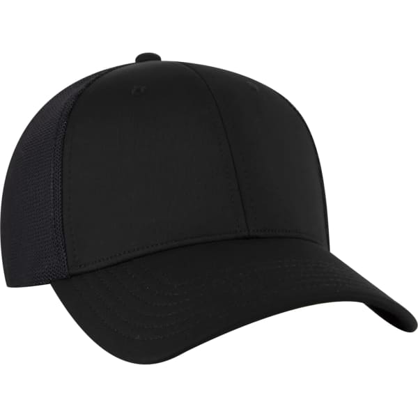 A black Otto Flex 6 Panel Trucker Hat featuring a structured design and a logo on the front.