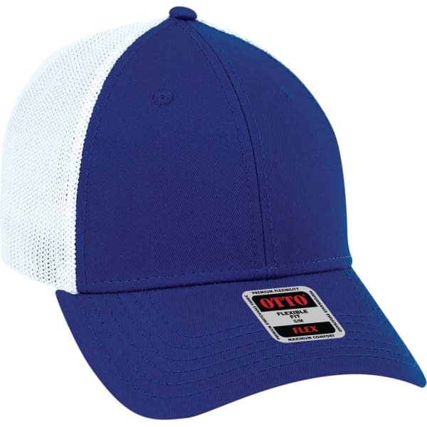 A blue and white Otto Flex 6 Panel Trucker Hat with a mesh back and a branded label on the front.