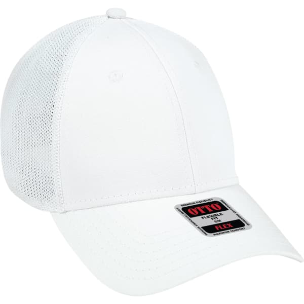 A white Otto Flex 6 Panel Trucker Hat with mesh panels and a logo on the front.