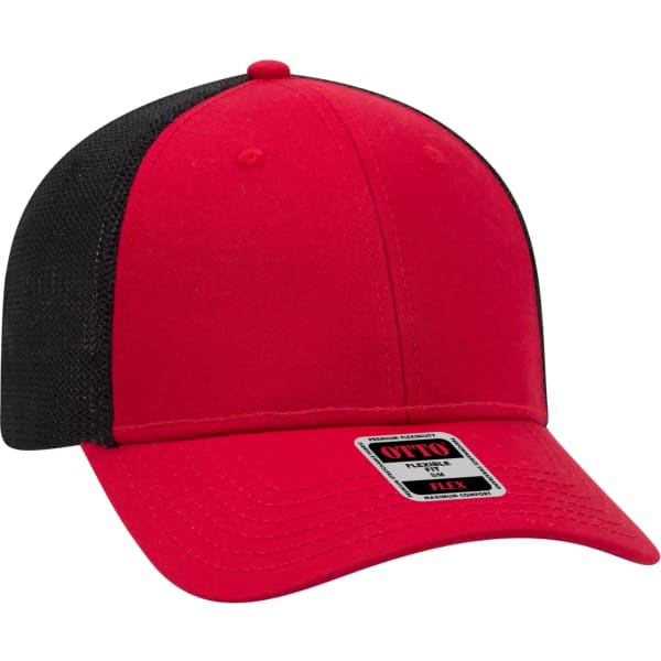 A red and black Otto Flex 6 Panel Trucker Hat with a structured front and mesh back, featuring a branded label.