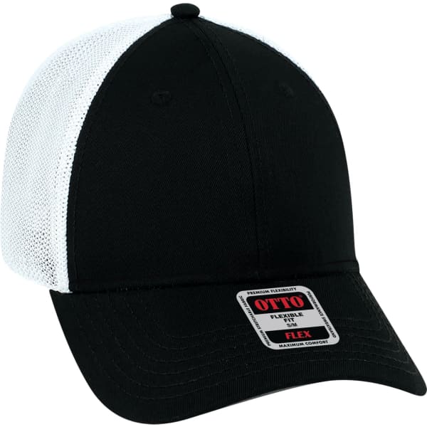 A black and white Otto Flex 6 Panel Trucker Hat featuring a mesh back and a front panel with a logo.