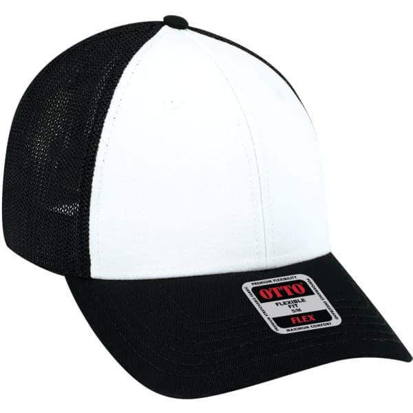A black and white Otto Flex 6 Panel Trucker Hat with a logo on the front and a mesh back.