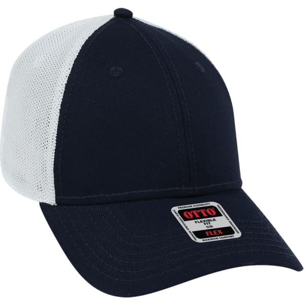 A navy blue and white trucker cap featuring a mesh back and a brand label on the front.