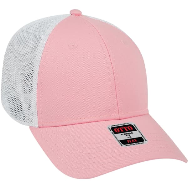 A pink and white Otto Flex 6 Panel Trucker Hat with a mesh back and a branded tag.