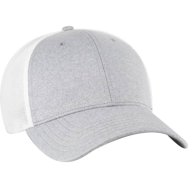 A grey trucker cap with a white mesh panel and a curved peak, featuring a logo on the front.