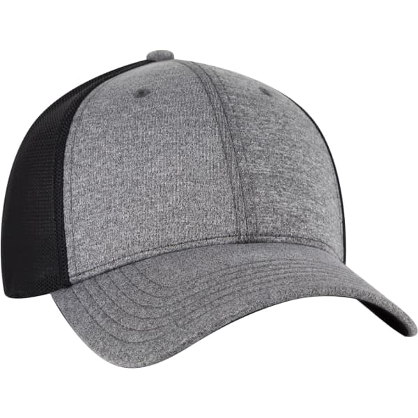 A grey and black Otto Flex 6 Panel Trucker Hat with a structured design and adjustable back.