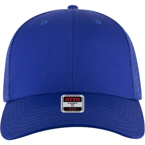A blue low profile trucker cap with a flexible fit and a label on the front.