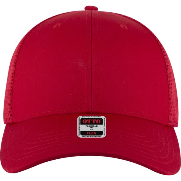 A red Flex Fit 6 Panel Low Profile Trucker Cap with a logo on the front.