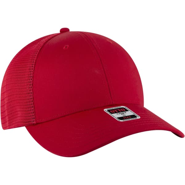 A red Flex Fit 6 Panel Low Profile Trucker Cap with a mesh back and a logo.