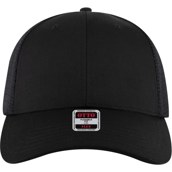 A black low profile trucker cap featuring a flexible design and a logo on the front panel.