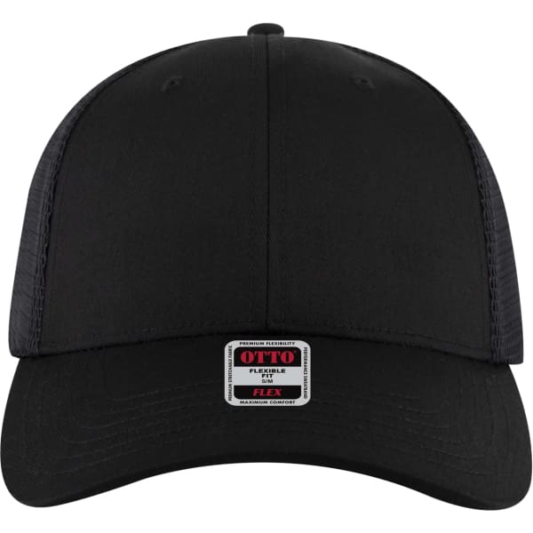 A black Flex Fit 6 Panel Low Profile Trucker Cap with a mesh back and a logo on the front.