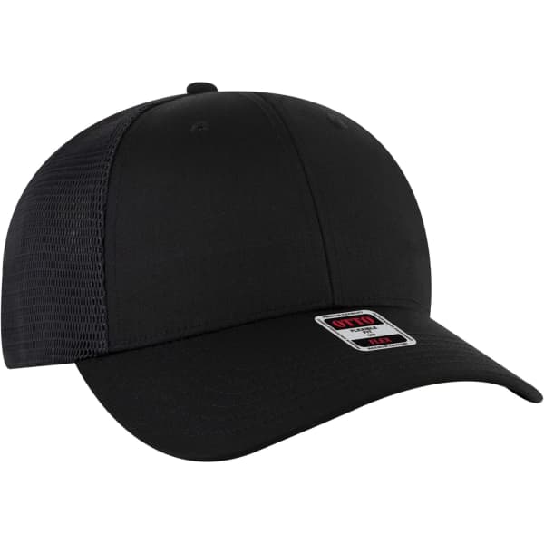 A black Flex Fit 6 Panel Low Profile Trucker Cap with mesh back and a logo on the front panel.