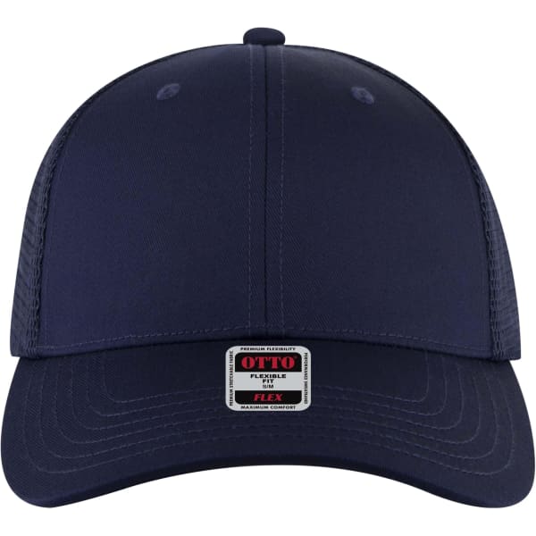 A navy blue low profile trucker cap with a flexible fit and mesh sides, featuring a logo on the front.