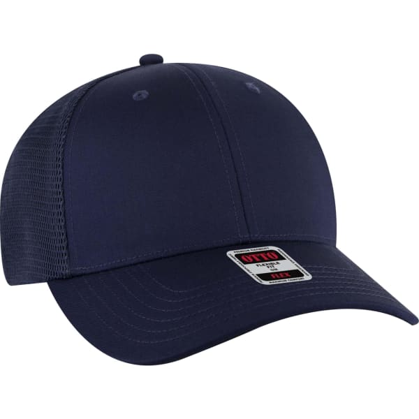 A navy blue low profile trucker cap with a mesh back and a branded logo.