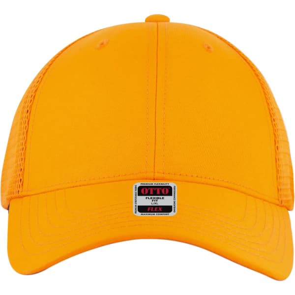 An orange low profile trucker cap with a flex fit and a logo on the front.