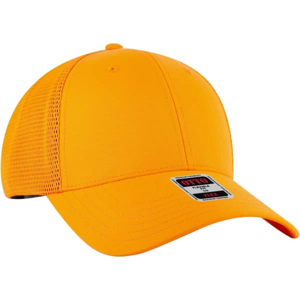 An orange Flex Fit 6 Panel Low Profile Trucker Cap with a mesh back and a branded label.