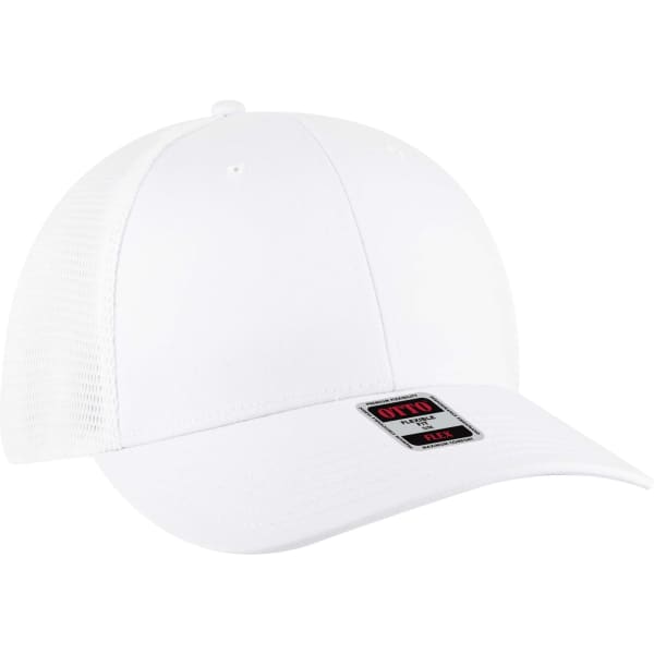 A white Flex Fit 6 Panel Low Profile Trucker Cap with a mesh back and a branding label on the front.