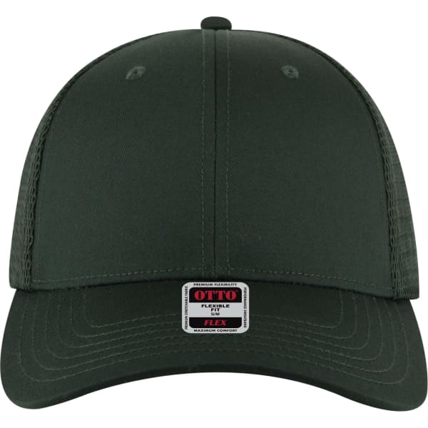 A green Flex Fit 6 Panel Low Profile Trucker Cap with a logo on the front. The cap features a mesh design.