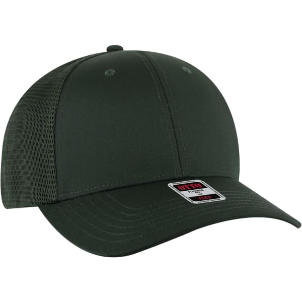 A green Flex Fit 6 Panel Low Profile Trucker Cap featuring a mesh back and a logo on the front.