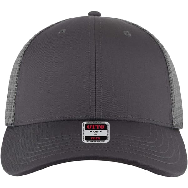 A grey trucker cap with a low profile design and a mesh back, featuring a logo on the front.