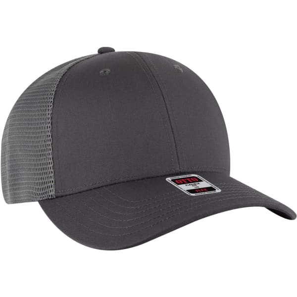 A grey trucker cap featuring a low profile design and mesh back, with a logo on the front.