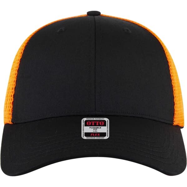 A black trucker cap with orange mesh panels and a branded tag at the front.