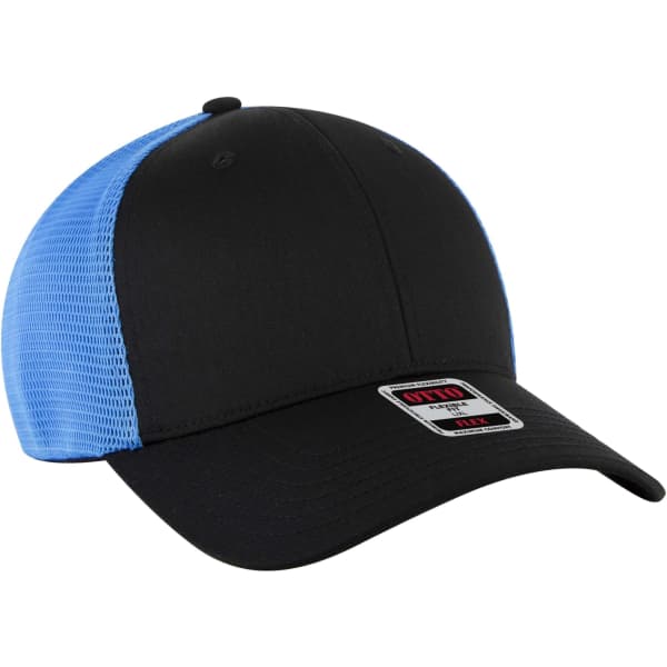 A black and blue Flex Fit 6 Panel Low Profile Trucker Cap with a mesh back and a branded label.