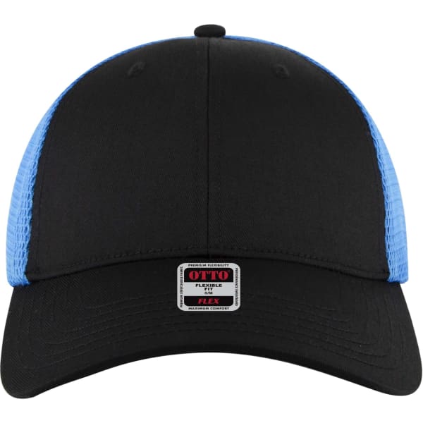 A black trucker cap with a blue mesh back and a logo on the front panel.