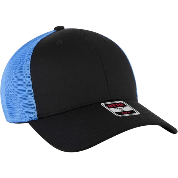 A black and blue Flex Fit 6 Panel Low Profile Trucker Cap with a logo on the front.