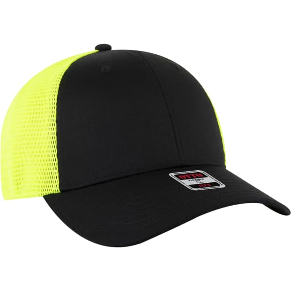 A black and neon yellow low-profile trucker cap with a mesh back and a logo on the front.