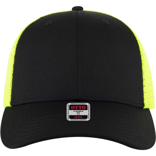 A black trucker cap with bright yellow mesh panels and a logo on the front.