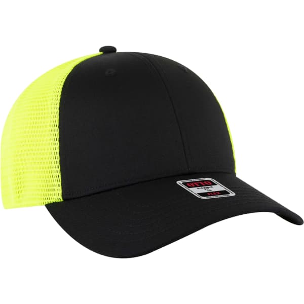 A black trucker cap with a neon yellow mesh back and a branded label on the front.