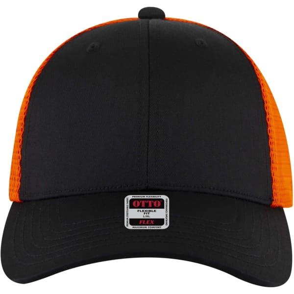 A black and orange Flex Fit 6 Panel Low Profile Trucker Cap with a logo on the front.